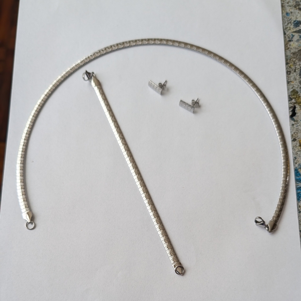 Sterling Silver Herringbone Necklace & Bracelet Set with Bar Stud Earrings